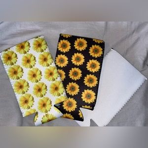 New Set of 3 Beer/Can Koozie Sunflower Covers Black, White & Solid White